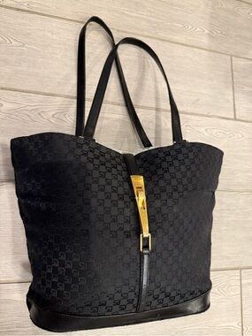 St. John Classic S Embossed Monogram Black Tote Bag with Gold Accent